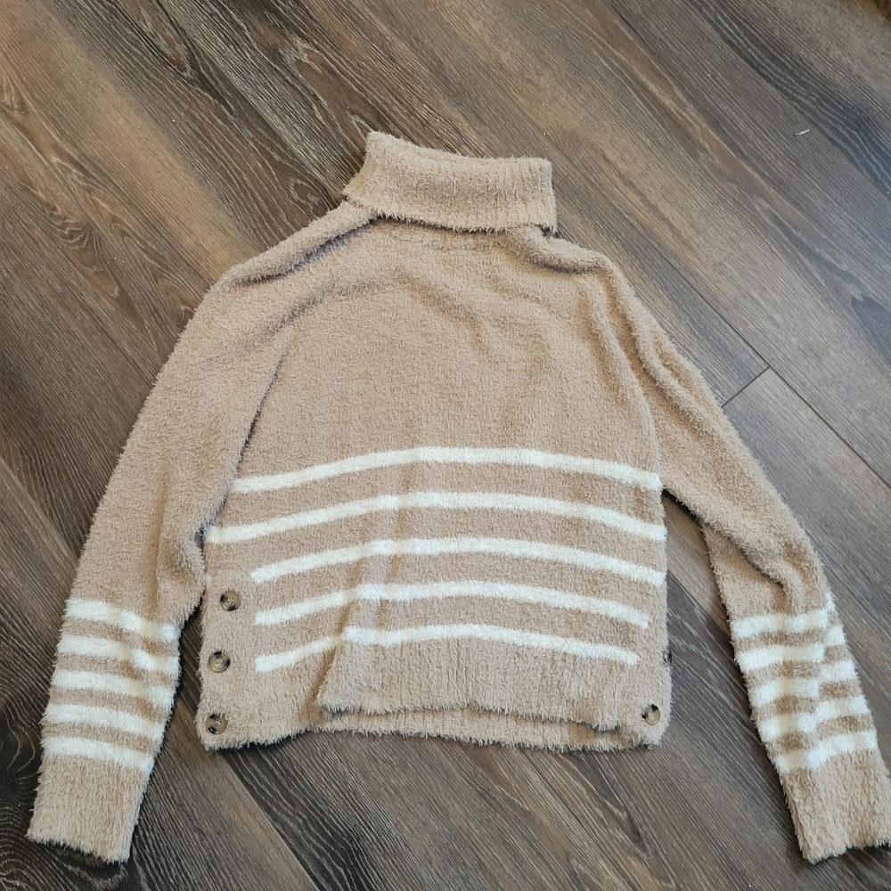 FAVLUX Tan and White Striped Turtleneck Sweater